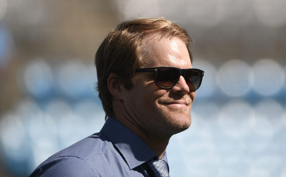 CHARLOTTE, NORTH CAROLINA - OCTOBER 10: Former player Greg Olsen of the Carolina Panthers reacts during the football game against the Philadelphia Eagles at Bank of America Stadium on October 10, 2021 in Charlotte, North Carolina.