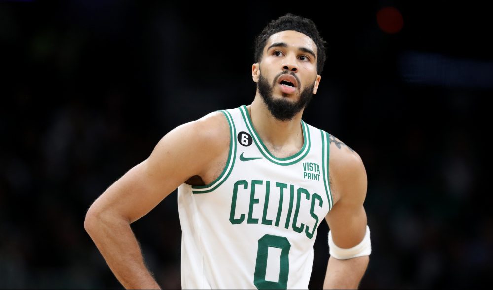 Jayson Tatum looks on during a tough loss for the Celtics in 2023.