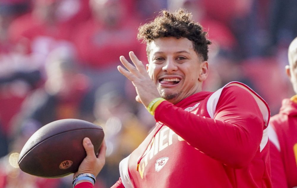 Jan 1, 2023; Kansas City, Missouri, USA; Kansas City Chiefs quarterback Patrick Mahomes (15) warms up against the Denver Broncos prior to a game at GEHA Field at Arrowhead Stadium.