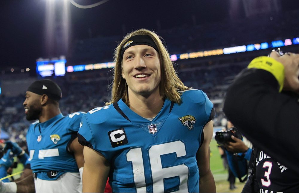 Jacksonville Jaguars quarterback Trevor Lawrence (16) walks off the field after an NFL football regular season matchup AFC South division title game Saturday, Jan. 7, 2023 at TIAA Bank Field in Jacksonville. The Jacksonville Jaguars held off the Tennessee Titans 20-16.
