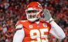 Jan 29, 2023; Kansas City, Missouri, USA; Kansas City Chiefs defensive tackle Chris Jones (95) celebrates after a sack against the Cincinnati Bengals during the first quarter of the AFC Championship game at GEHA Field at Arrowhead Stadium.
