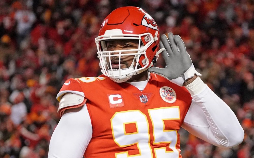 Jan 29, 2023; Kansas City, Missouri, USA; Kansas City Chiefs defensive tackle Chris Jones (95) celebrates after a sack against the Cincinnati Bengals during the first quarter of the AFC Championship game at GEHA Field at Arrowhead Stadium.