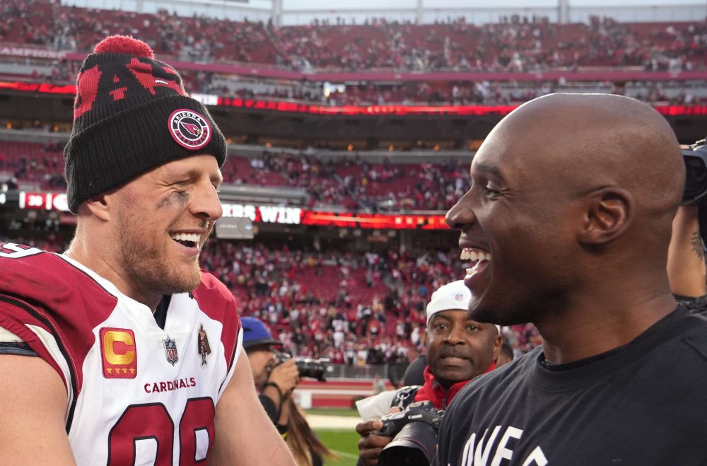 Jan 8, 2023; Santa Clara, California, USA; Arizona Cardinals defensive end J.J. Watt (99) talks to San Francisco 49ers defensive coordinator DeMeco Ryans (right) after the game at Levi's Stadium.