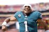 Sep 25, 2022; Landover, Maryland, USA; Philadelphia Eagles quarterback Jalen Hurts (1) yells in the end zone prior to the Eagles game against the Washington Commanders at FedExField.
