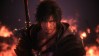 This Final Fantasy 16 pixel version needs to be real: An animated man with short black hair, wearing a black coat and a large sword on his back, is standing in front of a smoldering building. He wears a grim expression on his face