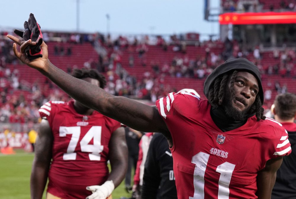 Jan 8, 2023; Santa Clara, California, USA; San Francisco 49ers wide receiver Brandon Aiyuk (11) gestures after defeating the Arizona Cardinals at Levi's Stadium.