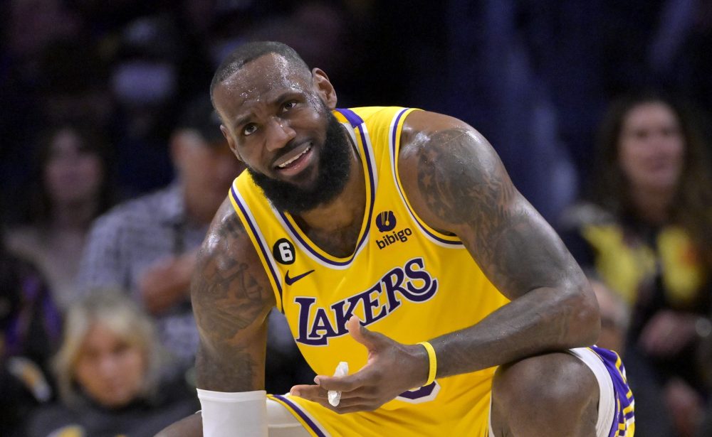 Jan 24, 2023; Los Angeles, California, USA; Los Angeles Lakers forward LeBron James (6) looks on after he was given a technical foul in the second half against the Los Angeles Clippers at Crypto.com Arena.