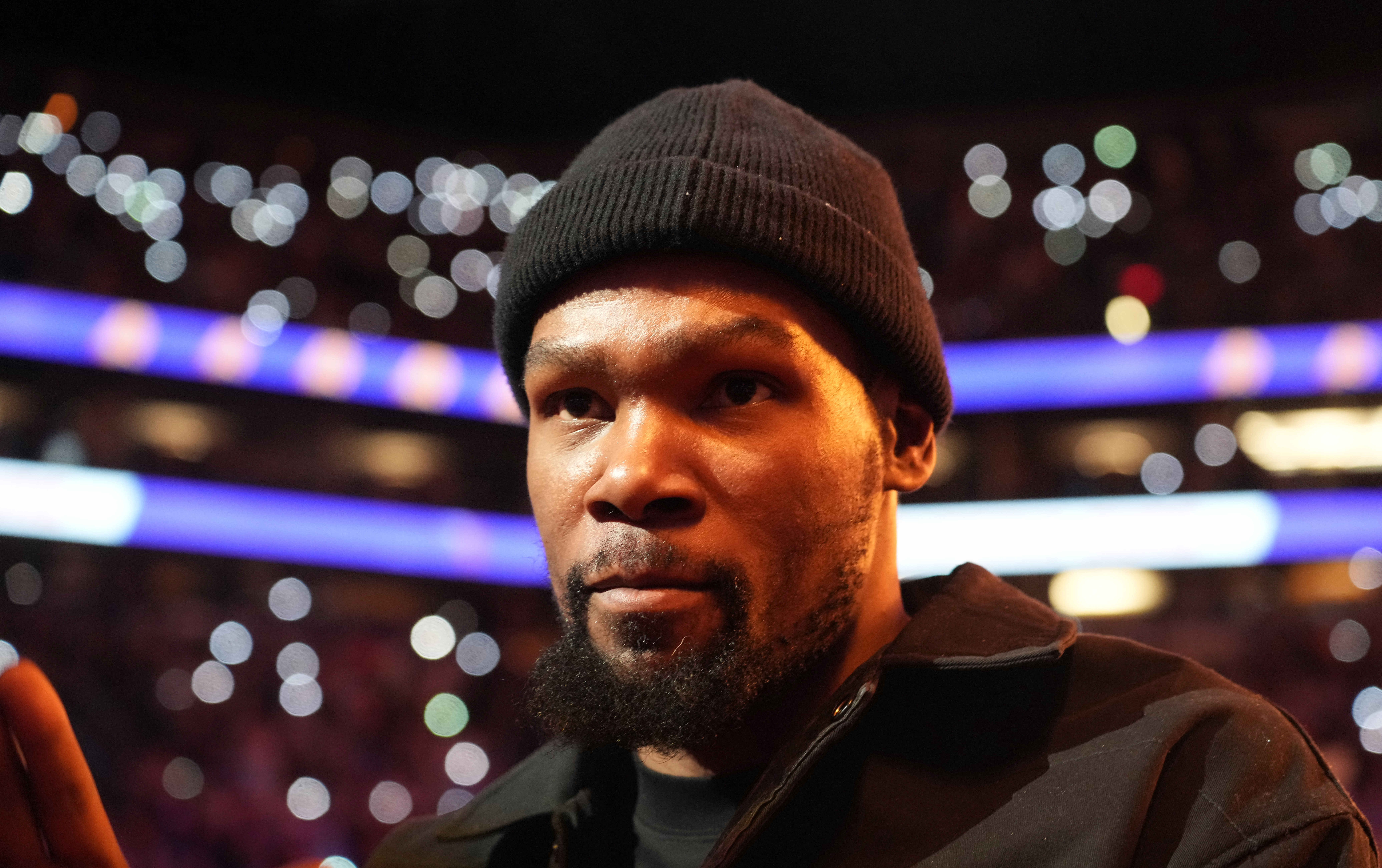 Kevin Durant looks on during a Clippers-Suns game in 2023.