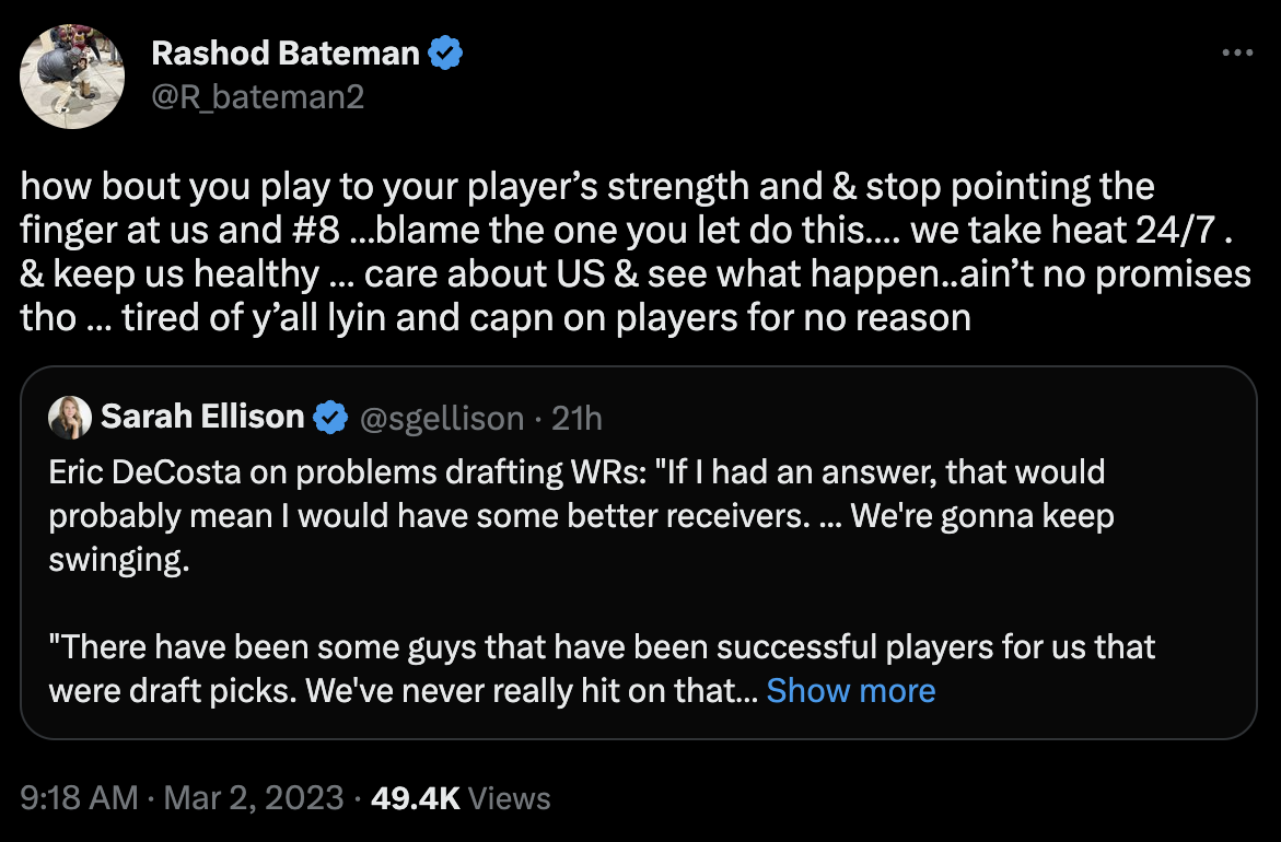 Rashod Bateman deleted tweet to Eric DeCosta criticism