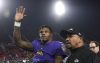Nov 25, 2019; Los Angeles, CA, USA; Baltimore Ravens quarterback Lamar Jackson (8) waves to the fans after the game against the Los Angeles Rams at Los Angeles Memorial Coliseum.