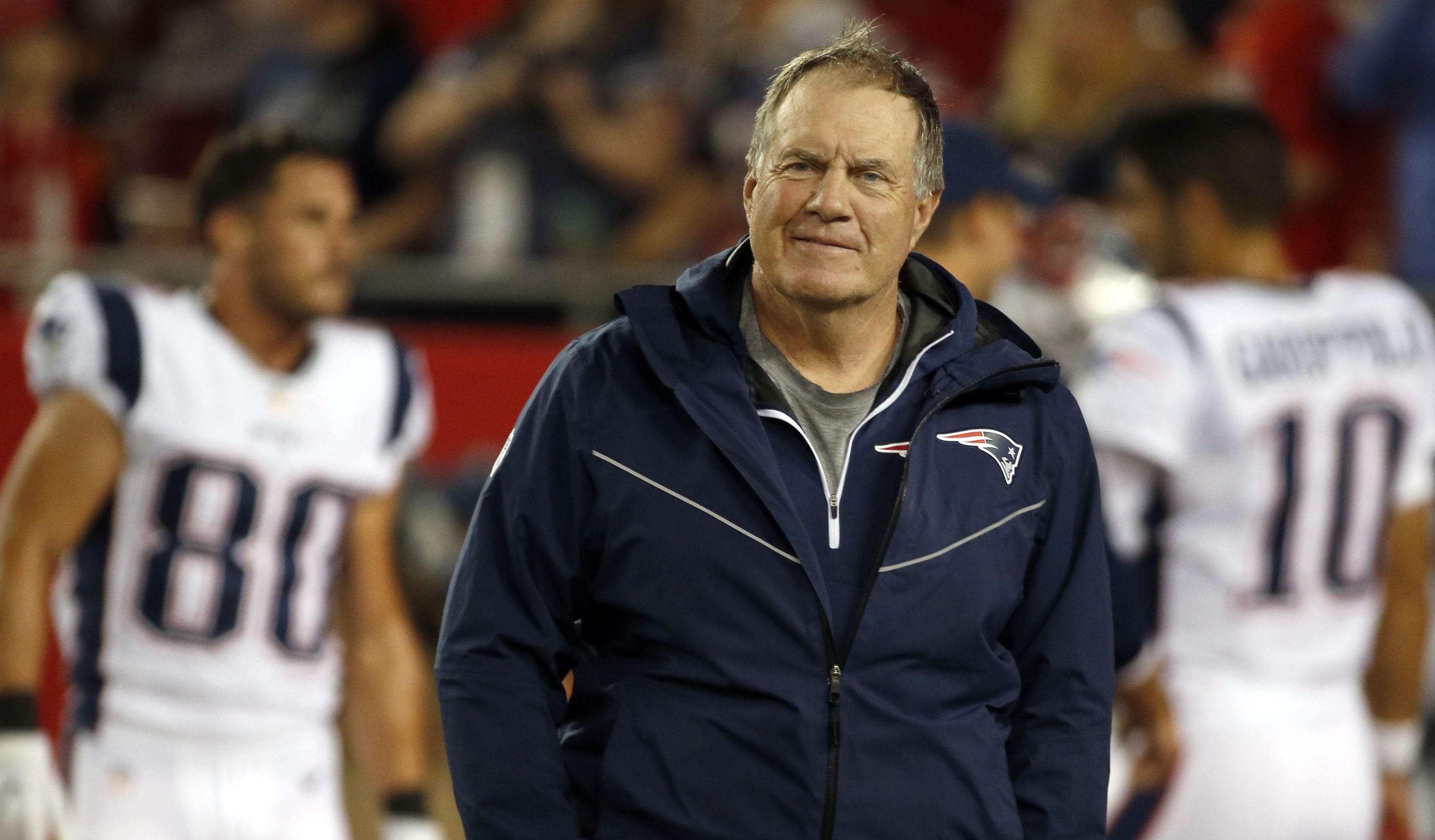 Oct 5, 2017; Tampa, FL, USA; New England Patriots head coach Bill Belichick smiles as he looks on prior to the game against the Tampa Bay Buccaneers at Raymond James Stadium.