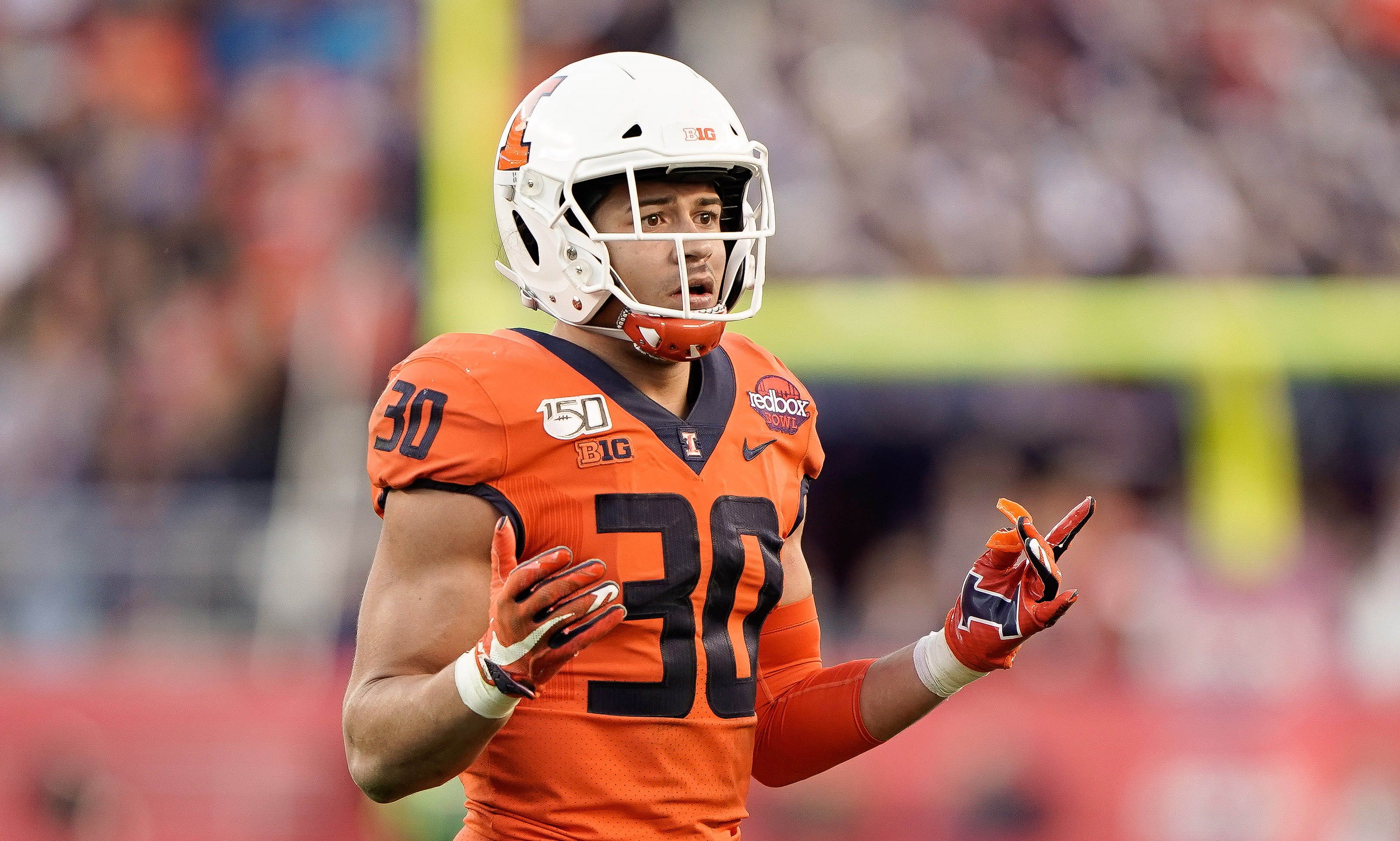 Dec 30, 2019; Santa Clara, California, USA; Illinois Fighting Illini defensive back Sydney Brown (30) reacts to a penalty call during the third quarter against the California Golden Bears at Levi's Stadium. 
