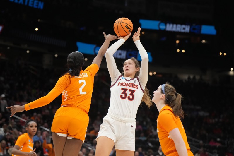 Virginia Tech Hokies center Elizabeth Kitley (33) shoots the ball against Tennessee Lady Vols forward Rickea Jackson (2)