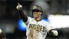 Apr 1, 2023; San Diego, California, USA; San Diego Padres left fielder Juan Soto (22) reacts to his single against the Colorado Rockies during the eighth inning at Petco Park.