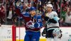 Apr 26, 2023; Denver, Colorado, USA; Colorado Avalanche center Nathan MacKinnon (29) celebrates his goal past Seattle Kraken goaltender Philipp Grubauer (31) and defenseman Jamie Oleksiak (24) in the second period in game five of the first round of the 2023 Stanley Cup Playoffs at Ball Arena.