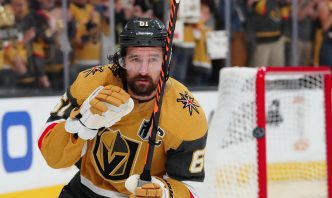 Jun 13, 2023; Las Vegas, Nevada, USA; Las Vegas Golden Knights forward Mark Stone (61) warms up prior to the start of game five of the 2023 Stanley Cup Final agaisnt the Florida Panthers at T-Mobile Arena.