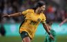 BRENTFORD, ENGLAND - APRIL 11: Sam Kerr of Australia celebrates after scoring the team's first goal during the Women's International Friendly match between England and Australia at Gtech Community Stadium on April 11, 2023 in Brentford, England.