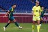 Jul 24, 2021; Saitama, Japan; Australia player Sam Kerr (2) reacts after scoring her second goal of the game to put Australia ahead 2-1 during the Tokyo 2020 Olympic Summer Games at Saitama Stadium.