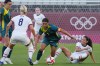 Jul 27, 2021; Ibaraki, Japan; Australia player Sam Kerr (2) dribbles around USA player Julie Ertz (8) and USA player Christen Press (11) during the Tokyo 2020 Olympic Summer Games at Ibaraki Kashima Stadium.