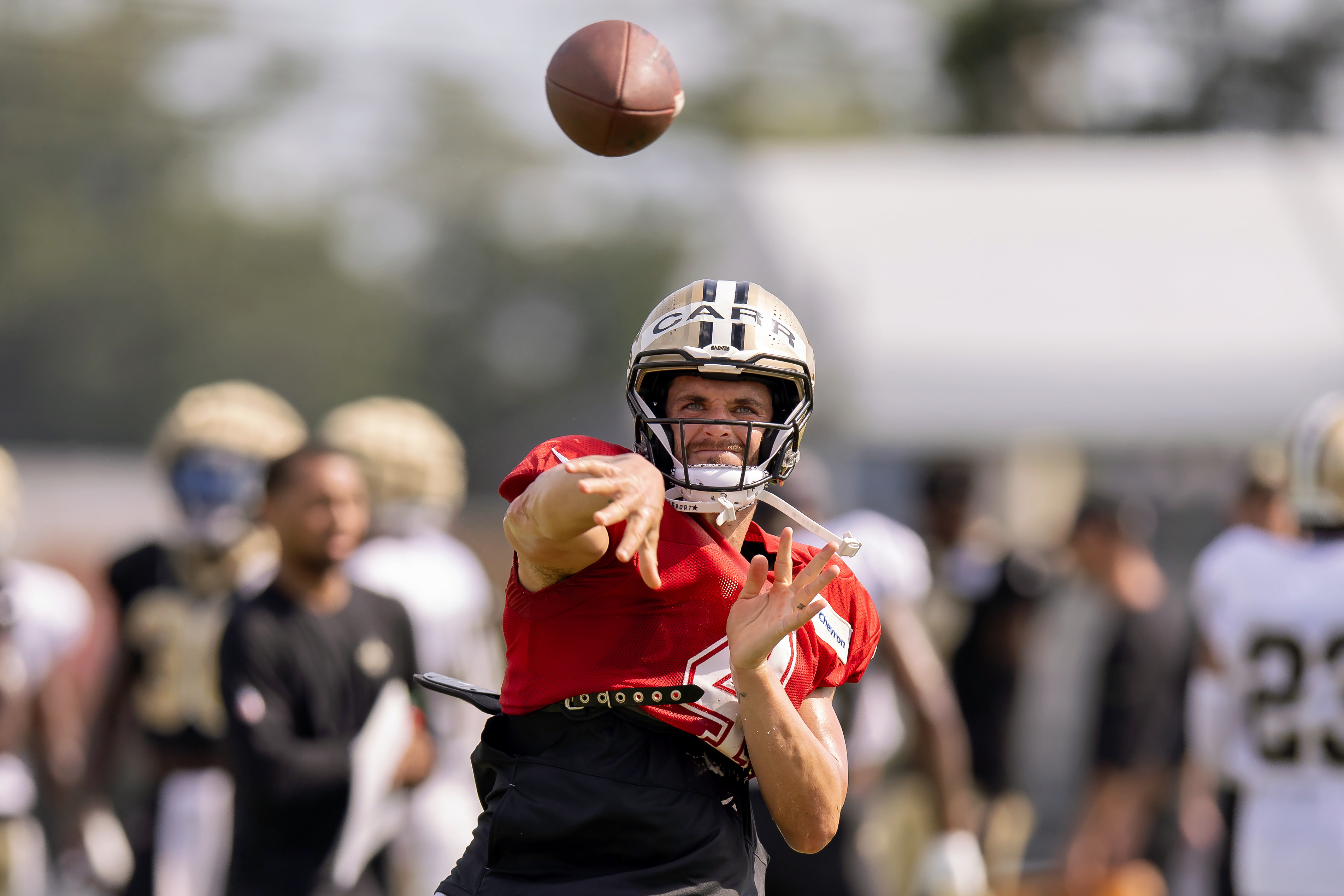 Aug 1, 2023; Metairie, LA, USA; New Orleans Saints quarterback Derek Carr (4) during training camp at the Ochsner Sports Performance Center. 