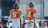 Aug 3, 2023; Tampa Bay, FL, USA; Tampa Bay Buccaneers quarterback Baker Mayfield (6) and quarterback Kyle Trask (2) participate in training camp at AdventHealth Training Center.