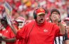 Aug 26, 2023; Kansas City, Missouri, USA; Kansas City Chiefs head coach Andy Reid reacts after a no-call against the Cleveland Browns during the first half at GEHA Field at Arrowhead Stadium.