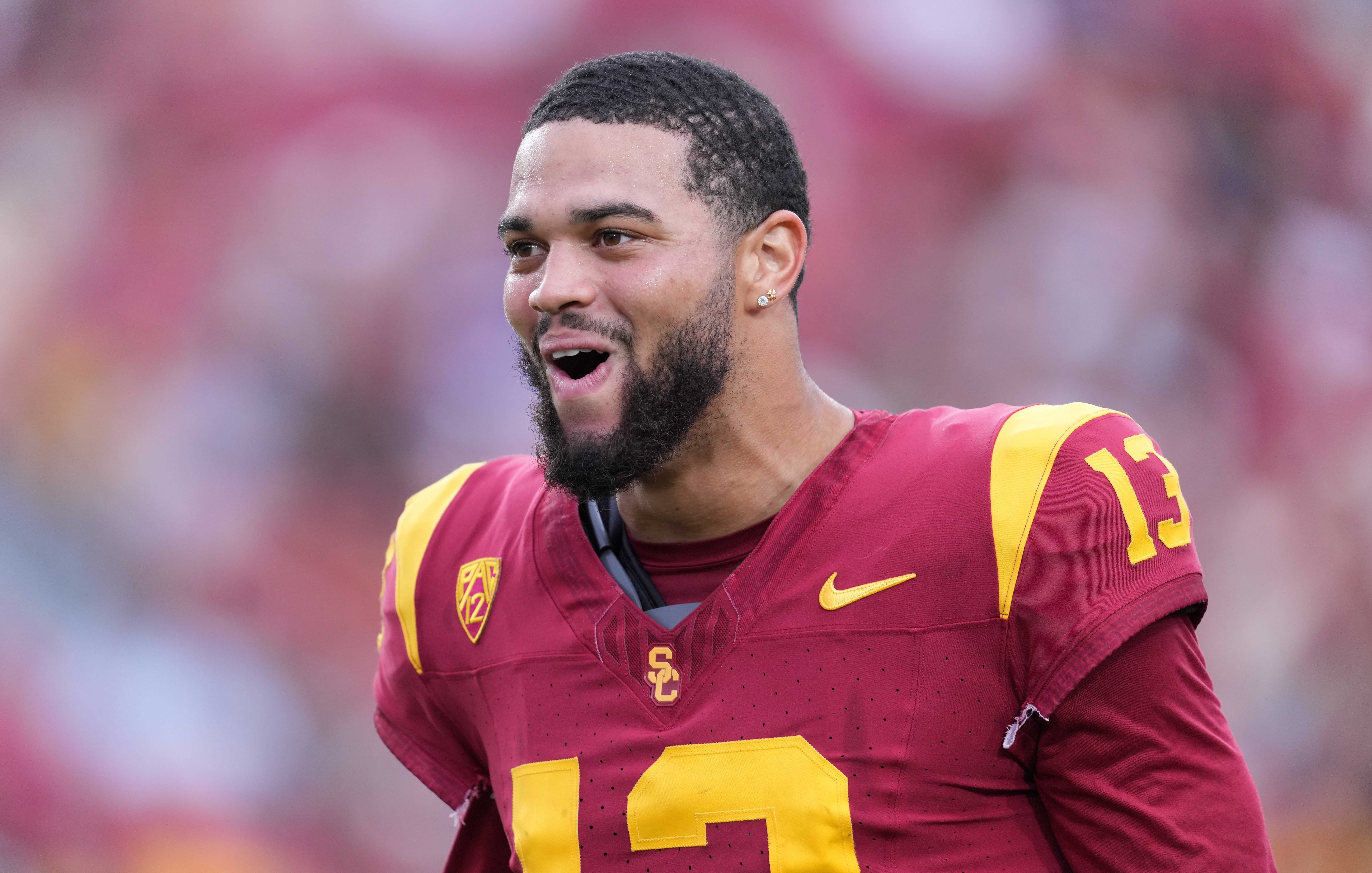 Sep 2, 2023; Los Angeles, California, USA; Southern California Trojans quarterback Caleb Williams (13) reacts against the Nevada Wolf Pack in the second half at United Airlines Field at Los Angeles Memorial Coliseum.