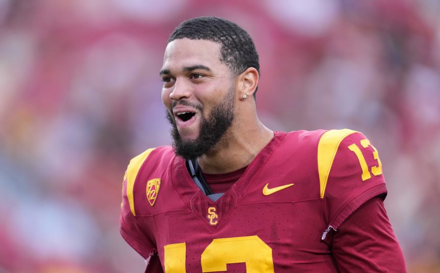 Sep 2, 2023; Los Angeles, California, USA; Southern California Trojans quarterback Caleb Williams (13) reacts against the Nevada Wolf Pack in the second half at United Airlines Field at Los Angeles Memorial Coliseum.