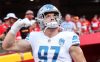 Detroit Lions defensive end Aidan Hutchinson (97) takes the field for warm up ahead of the season opener against the Kansas City Chiefs at Arrowhead Stadium in Kansas City, Mo. on Thursday, Sept. 7, 2023.