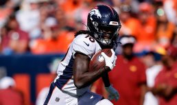 Sep 17, 2023; Denver, Colorado, USA; Denver Broncos wide receiver Jerry Jeudy (10) runs the ball on a reception in the second quarter against the Washington Commanders at Empower Field at Mile High.