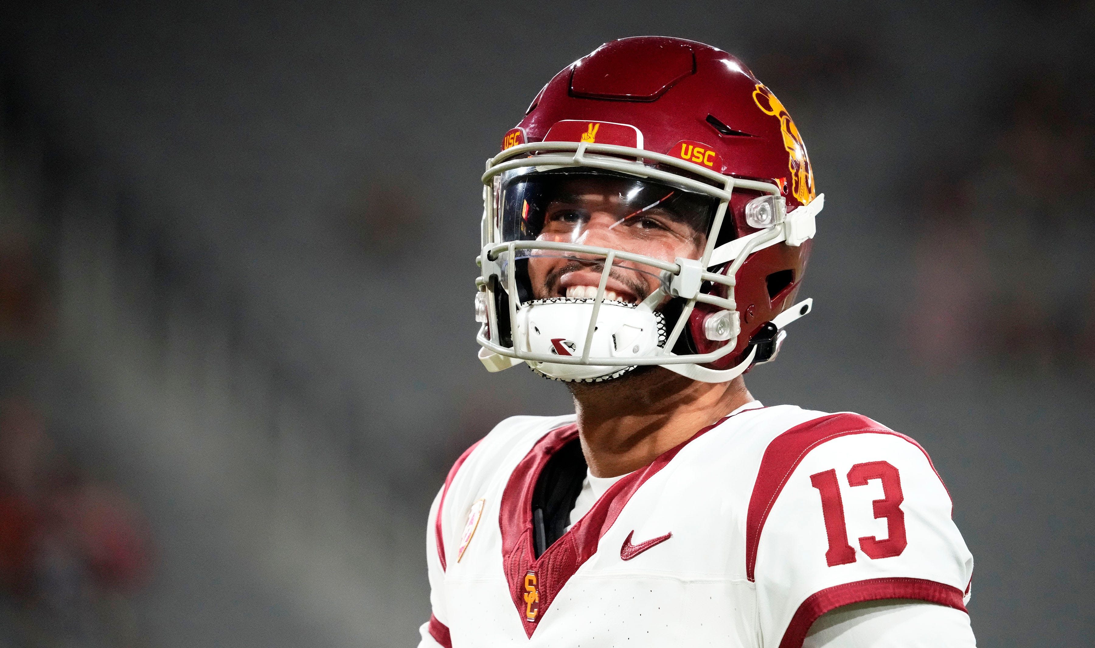 USC Trojans quarterback Caleb Williams (13) during the pregame warmup before playing the Arizona State Sun Devils at Mountain America Stadium in Tempe on Sept. 23, 2023.