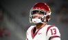 USC Trojans quarterback Caleb Williams (13) during the pregame warmup before playing the Arizona State Sun Devils at Mountain America Stadium in Tempe on Sept. 23, 2023.