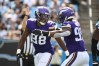 Oct 1, 2023; Charlotte, North Carolina, USA; Minnesota Vikings linebacker D.J. Wonnum (98) celebrates with linebacker Danielle Hunter (99) after a sack in the third quarter at Bank of America Stadium. 