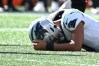Oct 1, 2023; Charlotte, North Carolina, USA; Carolina Panthers quarterback Bryce Young (9) is sacked late in the fourth quarter at Bank of America Stadium.