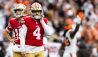 Oct 15, 2023; Cleveland, Ohio, USA; San Francisco 49ers place kicker Jake Moody (4) unbuckles his helmet after missing a field goal against the Cleveland Browns with six seconds left on the game clock during the fourth quarter at Cleveland Browns Stadium.
