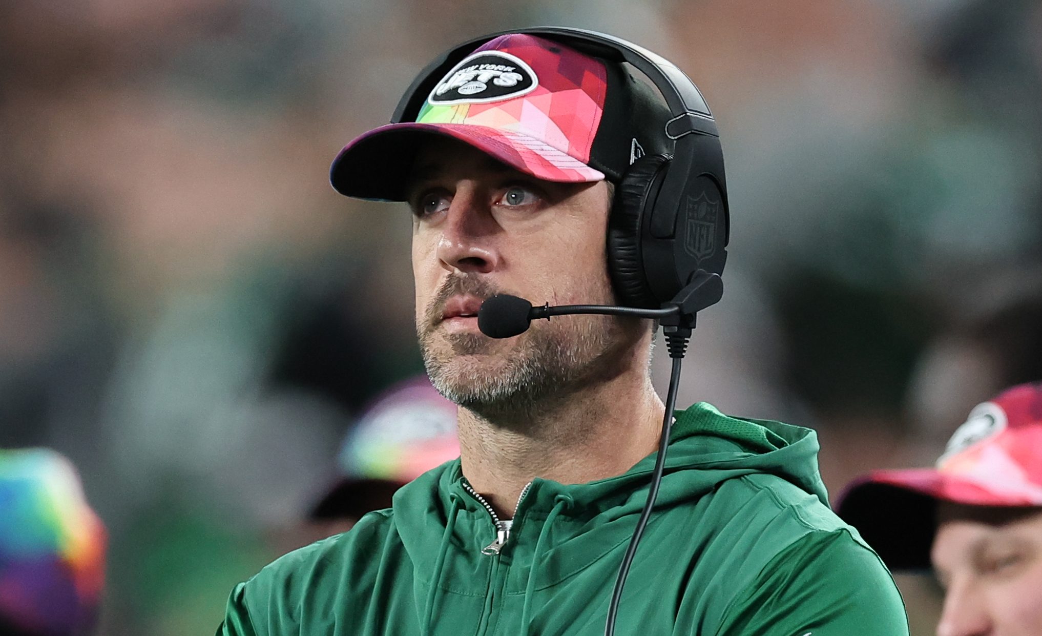 Oct 15, 2023; East Rutherford, New Jersey, USA; New York Jets quarterback Aaron Rodgers (8) looks on during the second half against the Philadelphia Eagles at MetLife Stadium.