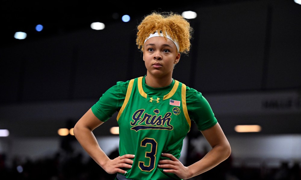 Hannah Hidalgo of Notre Dame looks on during the Aflac Oui Play match between South Carolina and Notre Dame at Halle Georges Carpentier on November 06, 2023 in Paris, France