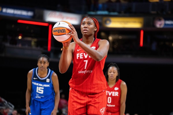 Indiana Fever forward Aliyah Boston (7) shoots the ball in the second half against the Connecticut Sun at Gainbridge Fieldhouse