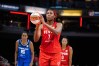 Indiana Fever forward Aliyah Boston (7) shoots the ball in the second half against the Connecticut Sun at Gainbridge Fieldhouse