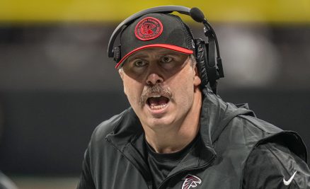 Sep 10, 2023; Atlanta, Georgia, USA; Atlanta Falcons head coach Arthur Smith reacts to a call during the game against the Carolina Panthers during the second half at Mercedes-Benz Stadium.