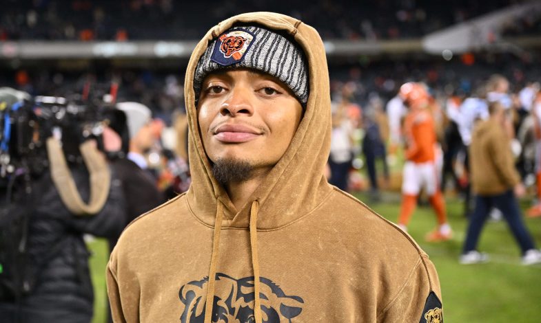 Nov 9, 2023; Chicago, Illinois, USA; Chicago Bears quarterback Justin Fields (1) walks off the field after the Bears defeated the Carolina Panthers 16-13 at Soldier Field.