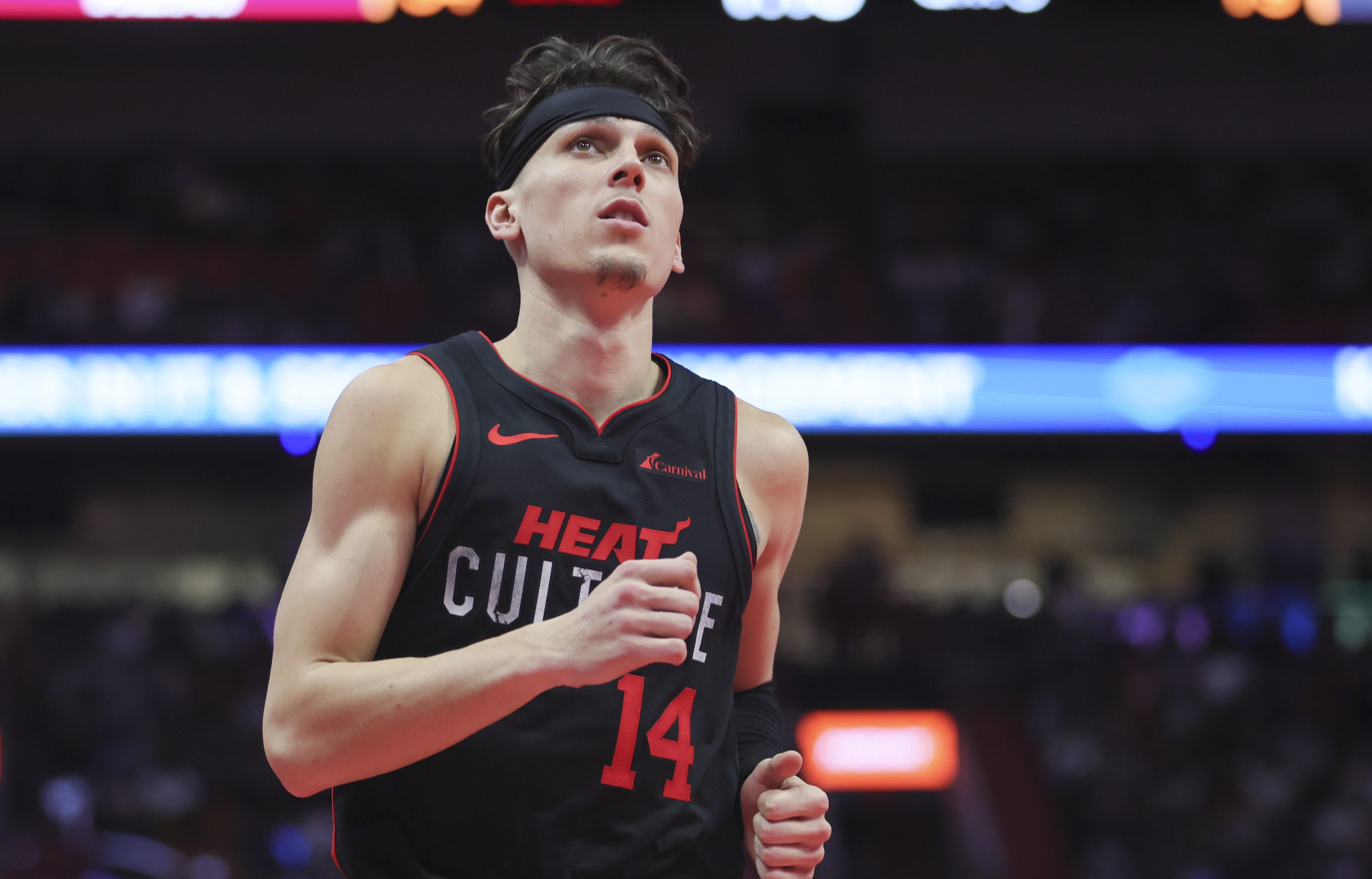 Nov 3, 2023; Miami, Florida, USA; Miami Heat guard Tyler Herro (14) looks on against the Washington Wizards during the third quarter at Kaseya Center.