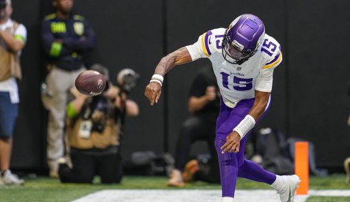 Nov 5, 2023; Atlanta, Georgia, USA; Minnesota Vikings quarterback Joshua Dobbs (15) reacts after running for a touchdown against the Atlanta Falcons during the second half at Mercedes-Benz Stadium. Mandatory Credit: Dale Zanine-USA TODAY Sports