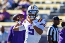 LSU Tigers quarterback Jayden Daniels (5) during warmups at Tiger Stadium