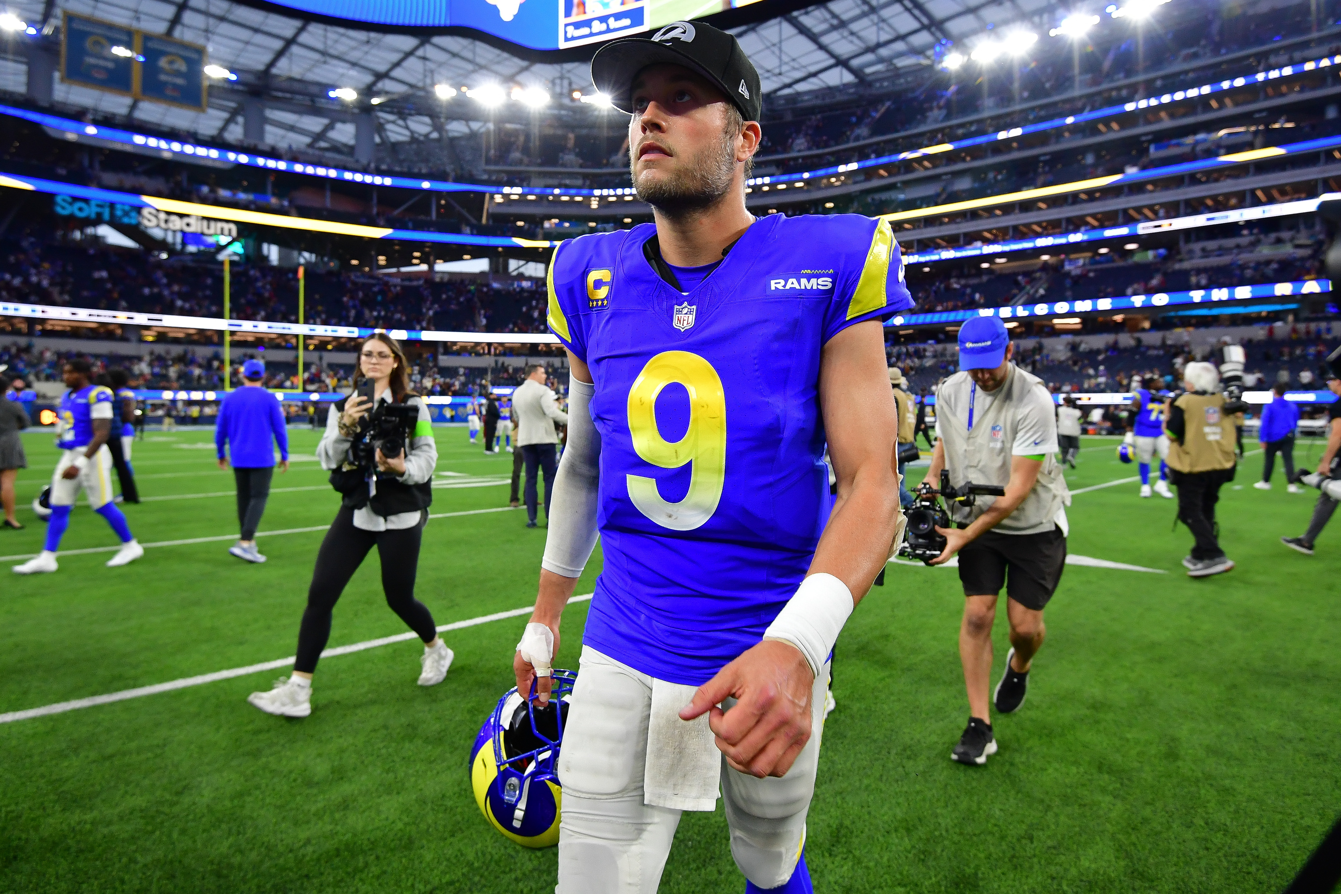 Los Angeles Rams quarterback Matthew Stafford (9) following the victory against the Washington Commanders at SoFi Stadium