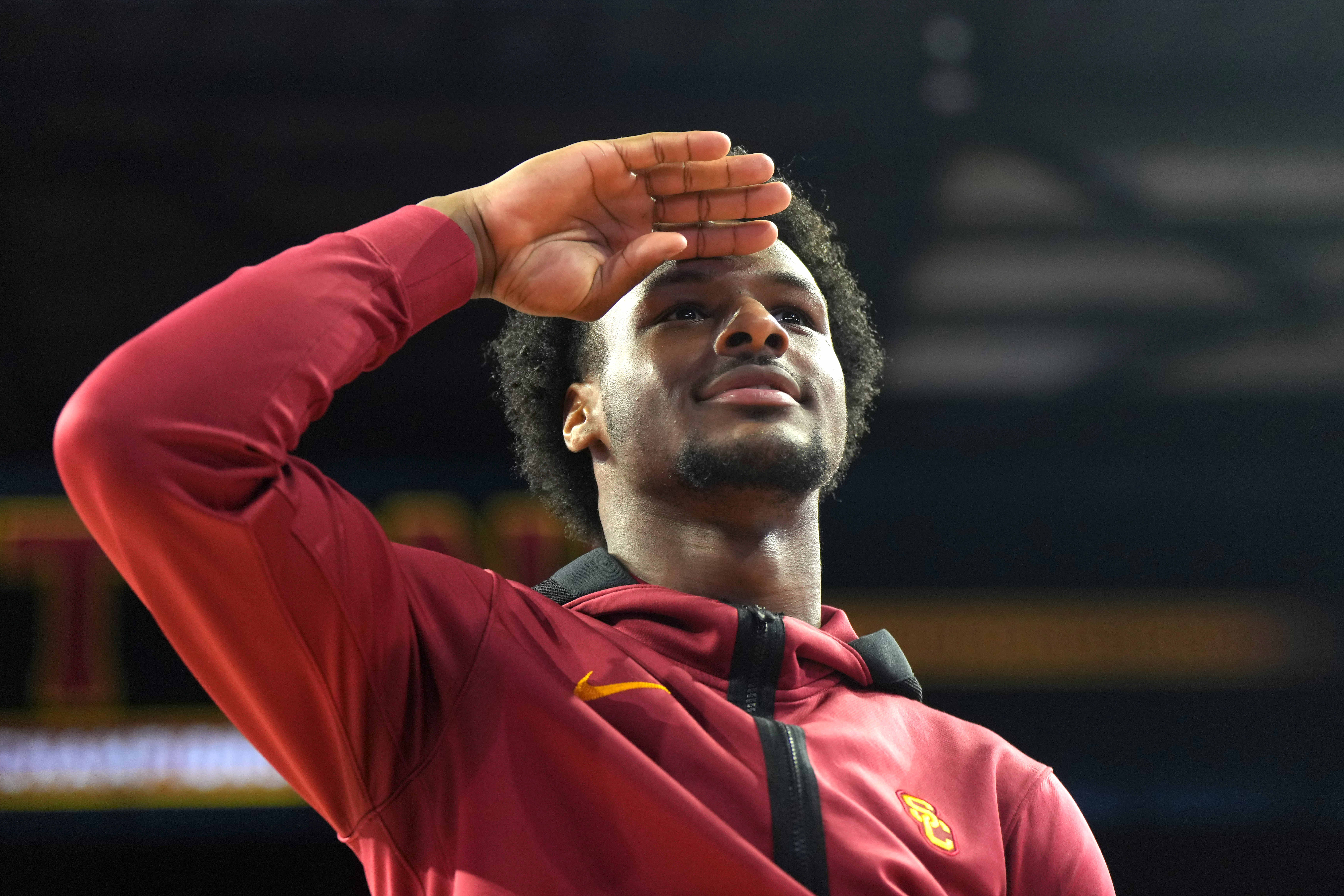 Southern California Trojans guard Bronny James reacts against the California Golden Bears in the first half at Galen Center