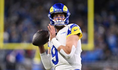 Los Angeles Rams quarterback Matthew Stafford (9) warms up before a 2024 NFC wild card game against the Detroit Lions at Ford Field