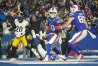 Buffalo Bills wide receiver Khalil Shakir (10) celebrates a touchdown in the second half against the Pittsburgh Steelers in a 2024 AFC wild card game at Highmark Stadium