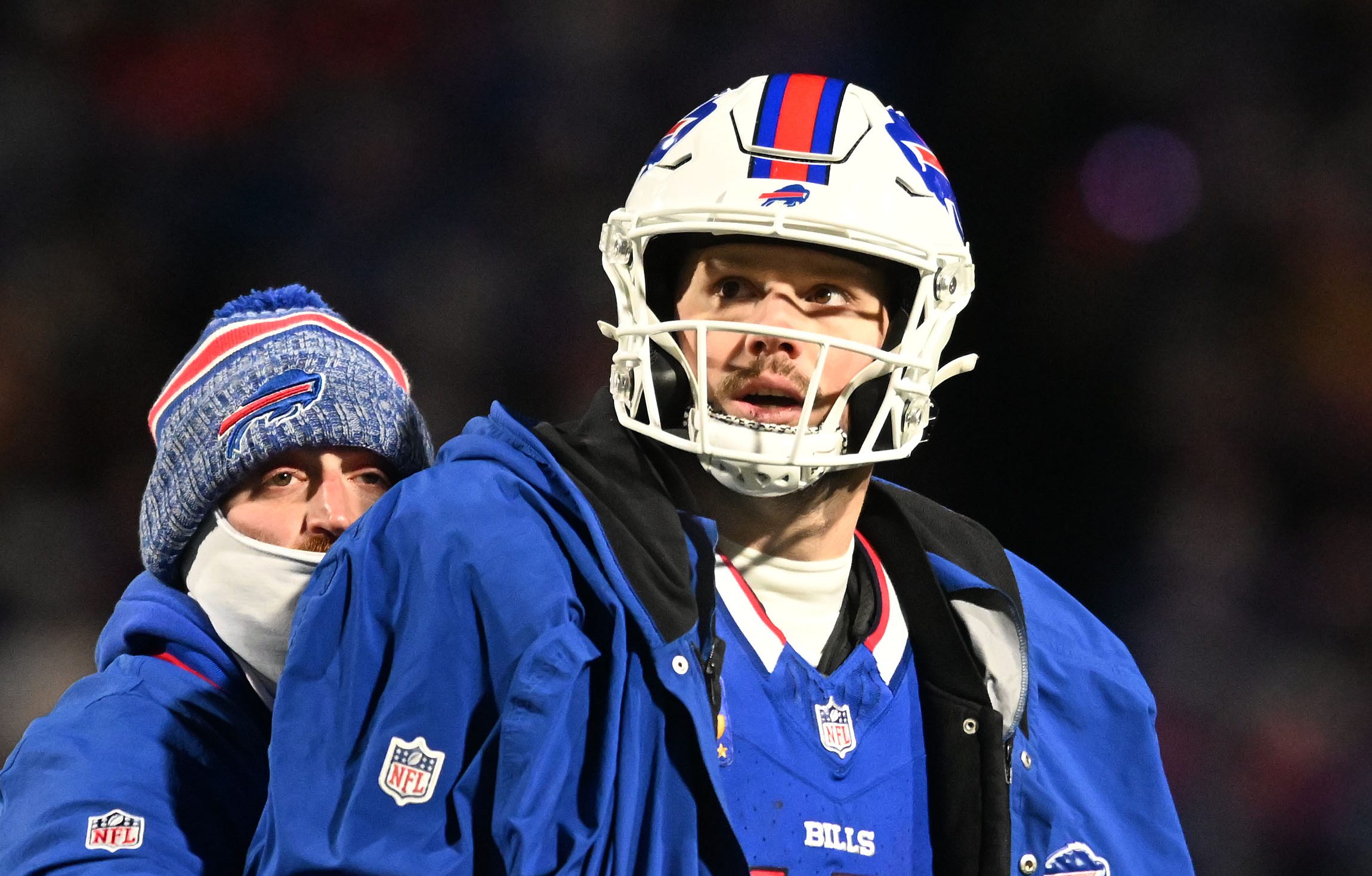 Jan 21, 2024; Orchard Park, New York, USA; Buffalo Bills quarterback Josh Allen (17) in the first half of the 2024 AFC divisional round game against the Kansas City Chiefs at Highmark Stadium.