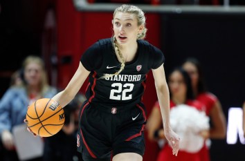 Cameron Brink #22 of the Stanford Cardinal brings the ball up the court during the first half of their game against the Utah Utes at the Jon M Huntsman Center on January 12, 2024 in Salt Lake City, Utah